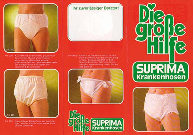 Historischer suprima Produktkatalog von 1975 mit der Aufschrift "Die grosse Hilfe – Suprima Krankenhosen" in Rot und Gruen